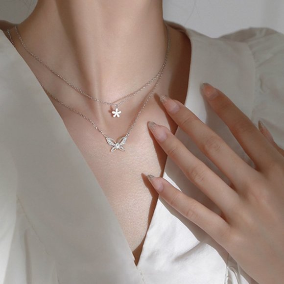 #NEW 925 Sterling Silver Diamond Butterfly Flower Double Layer Necklace - Picture 7 of 10